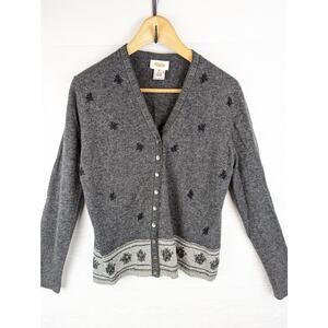 Talbots Embroidered Cardigan Sweater, Gray, Medium, Lambswool